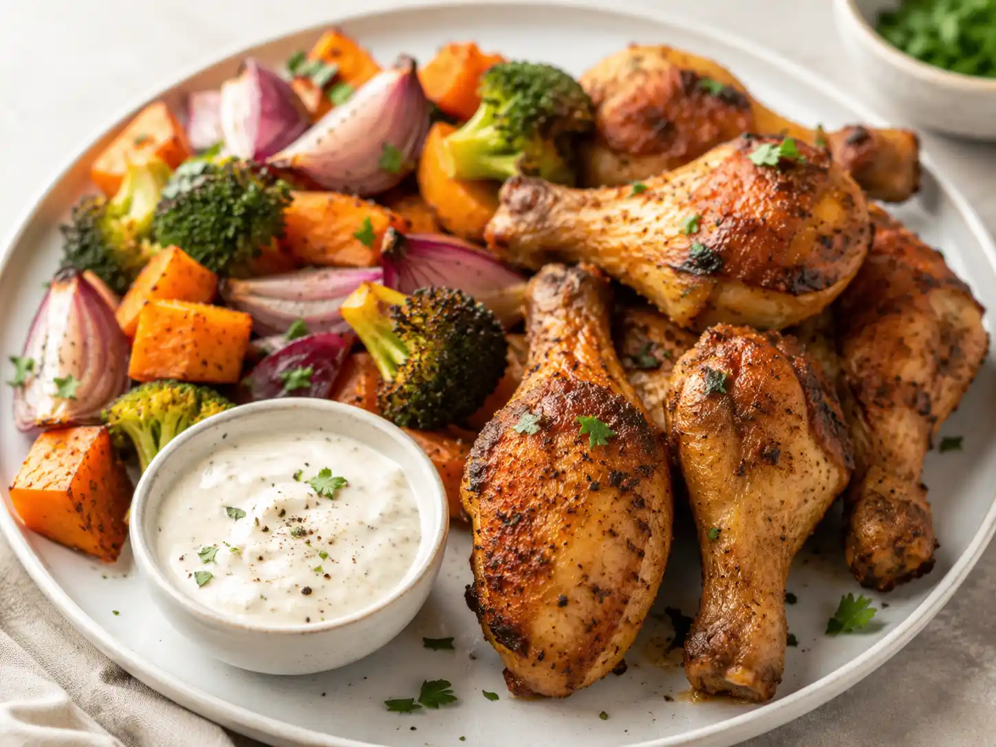 Air fryer chicken bites with vegetables and dipping sauce