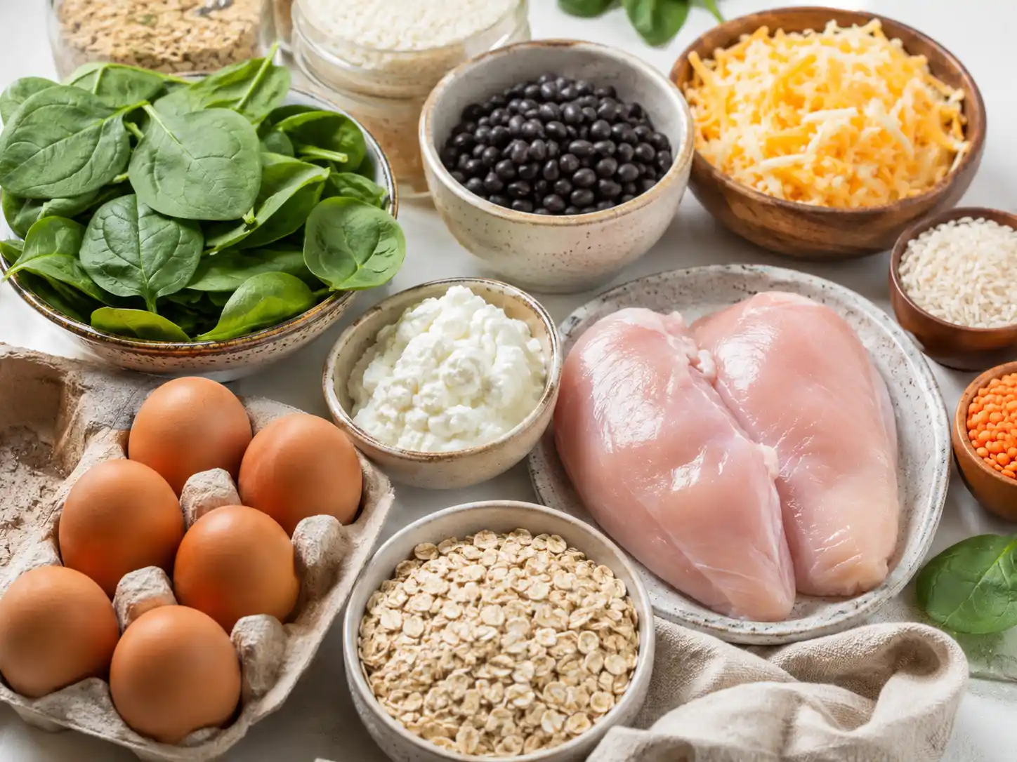 Budget protein ingredients including eggs, chicken, beans, oats, cheese, and vegetables