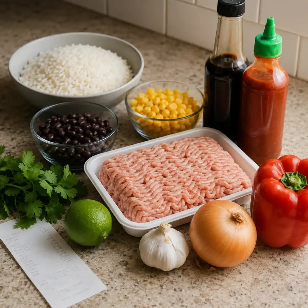 Budget ingredients for a ground chicken protein bowl arranged on a kitchen counter.