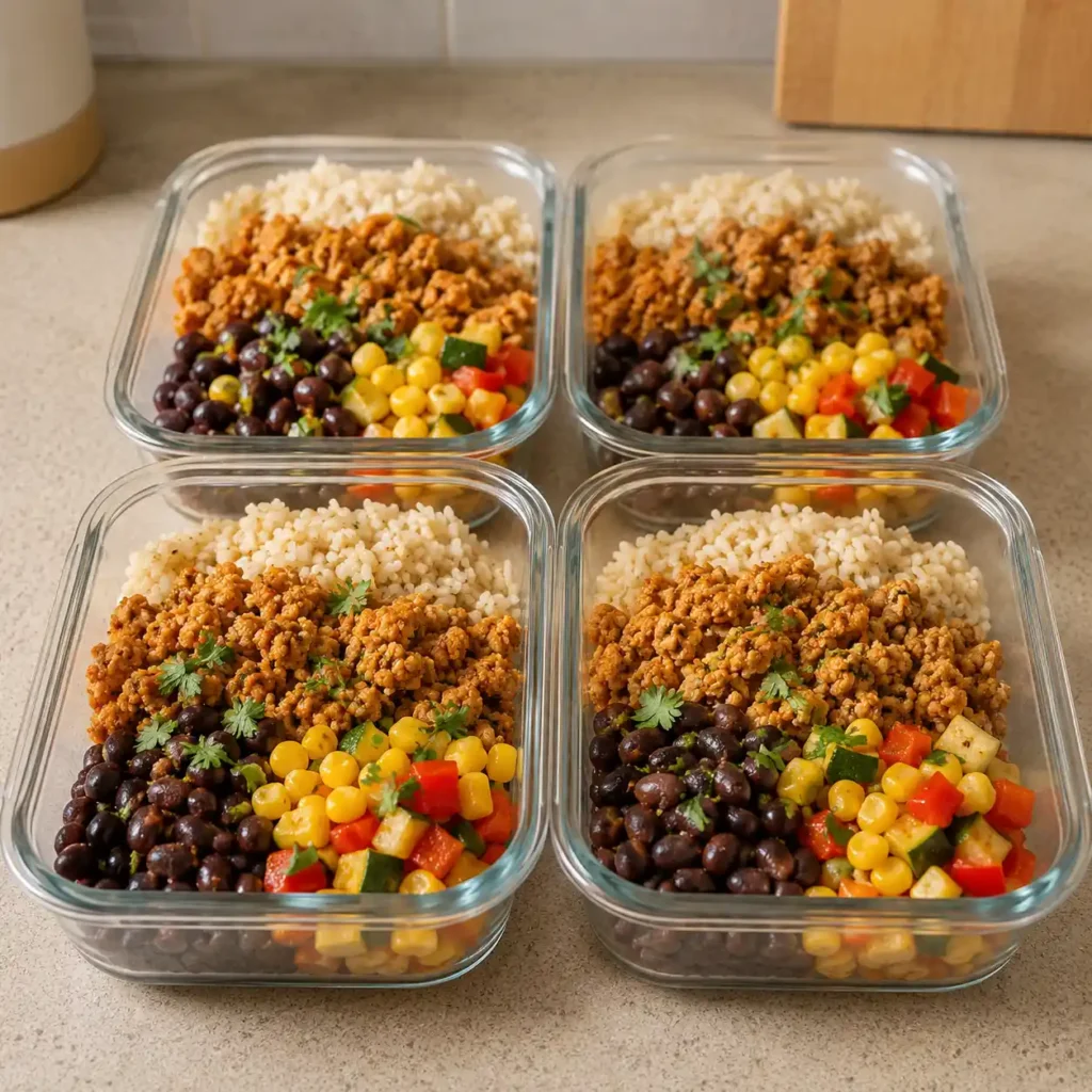 Four meal prep containers filled with ground chicken, rice, beans, corn, and vegetables.