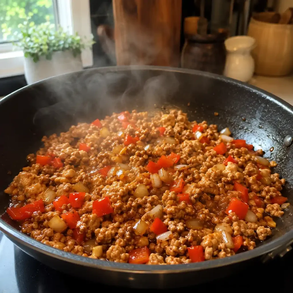 Ground chicken cooking in a skillet with vegetables and sweet-spicy sauce.