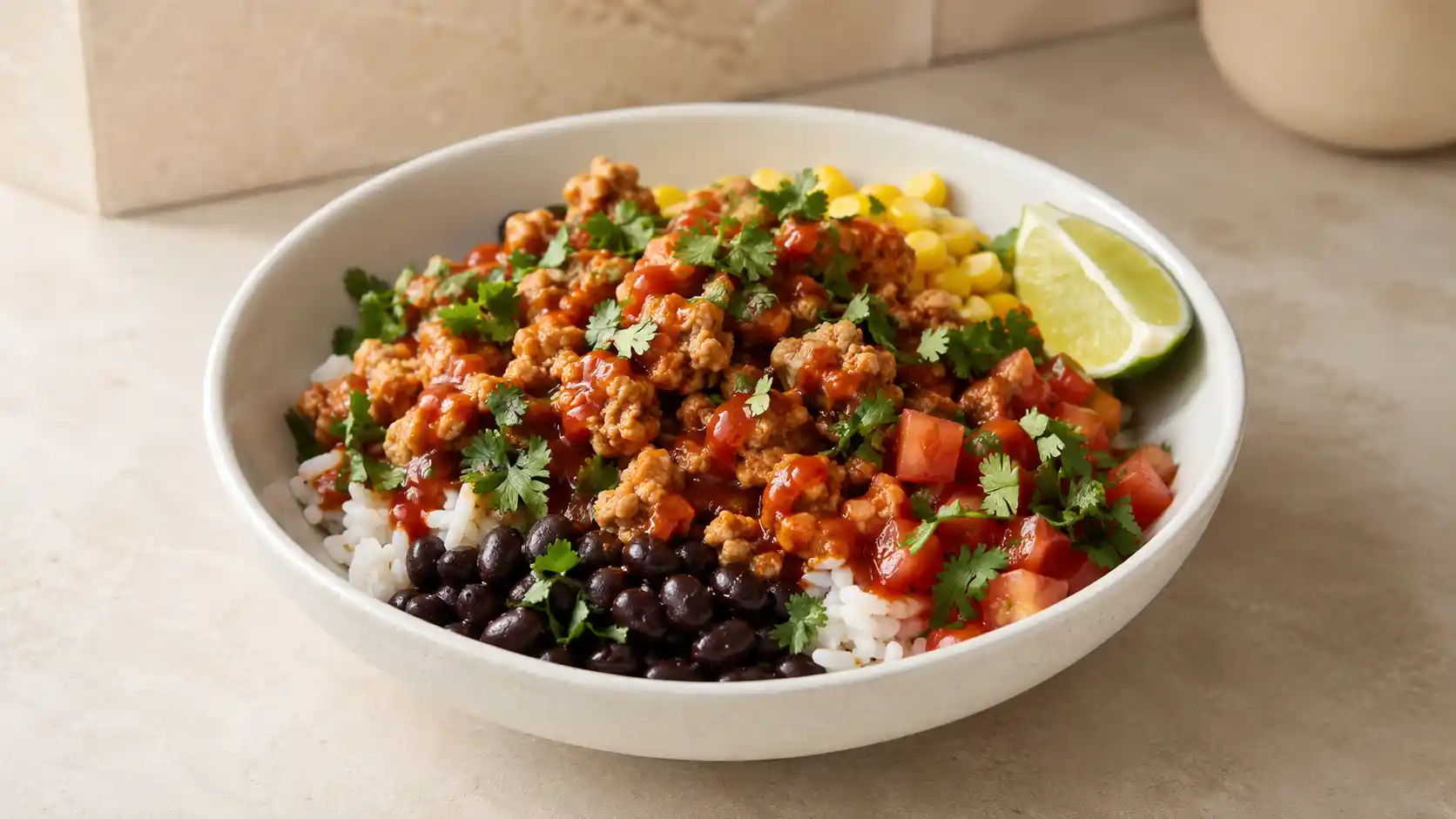 Ground chicken protein bowl with rice, black beans, corn, tomatoes, and sweet-spicy sauce.