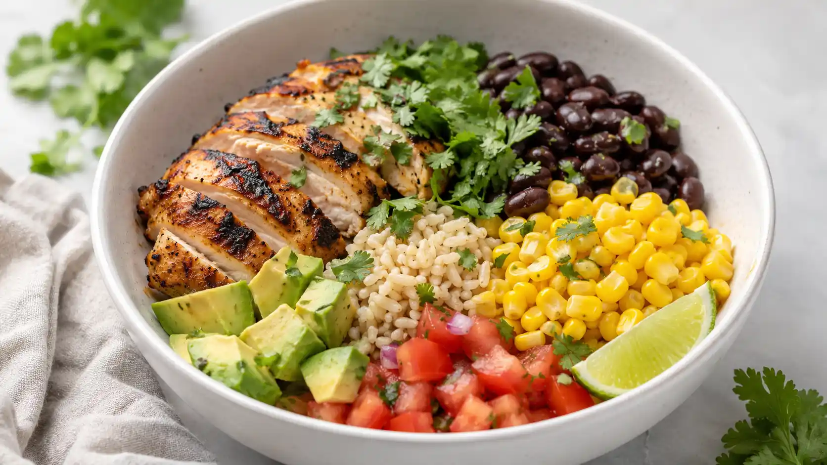 High protein chicken bowl with rice, beans, avocado, corn, and fresh vegetables