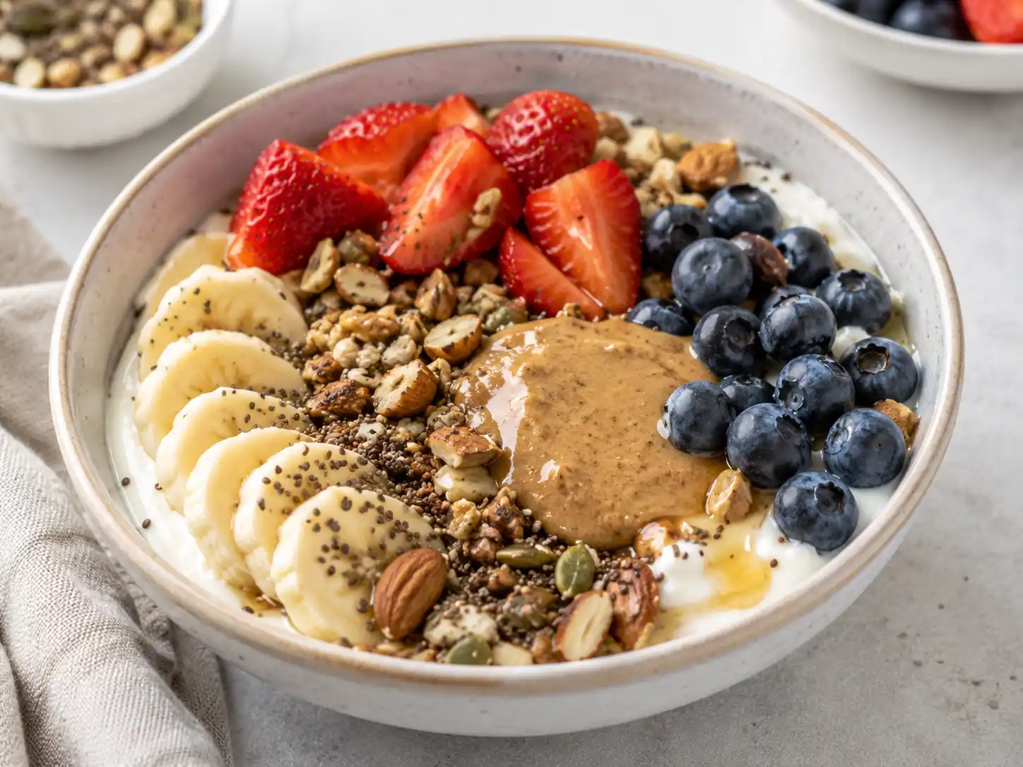 High protein breakfast bowl with yogurt, berries, nuts, and oats