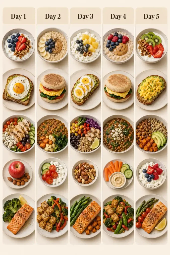 5-day high-protein meal plan overview with breakfasts, lunches, dinners, and snacks