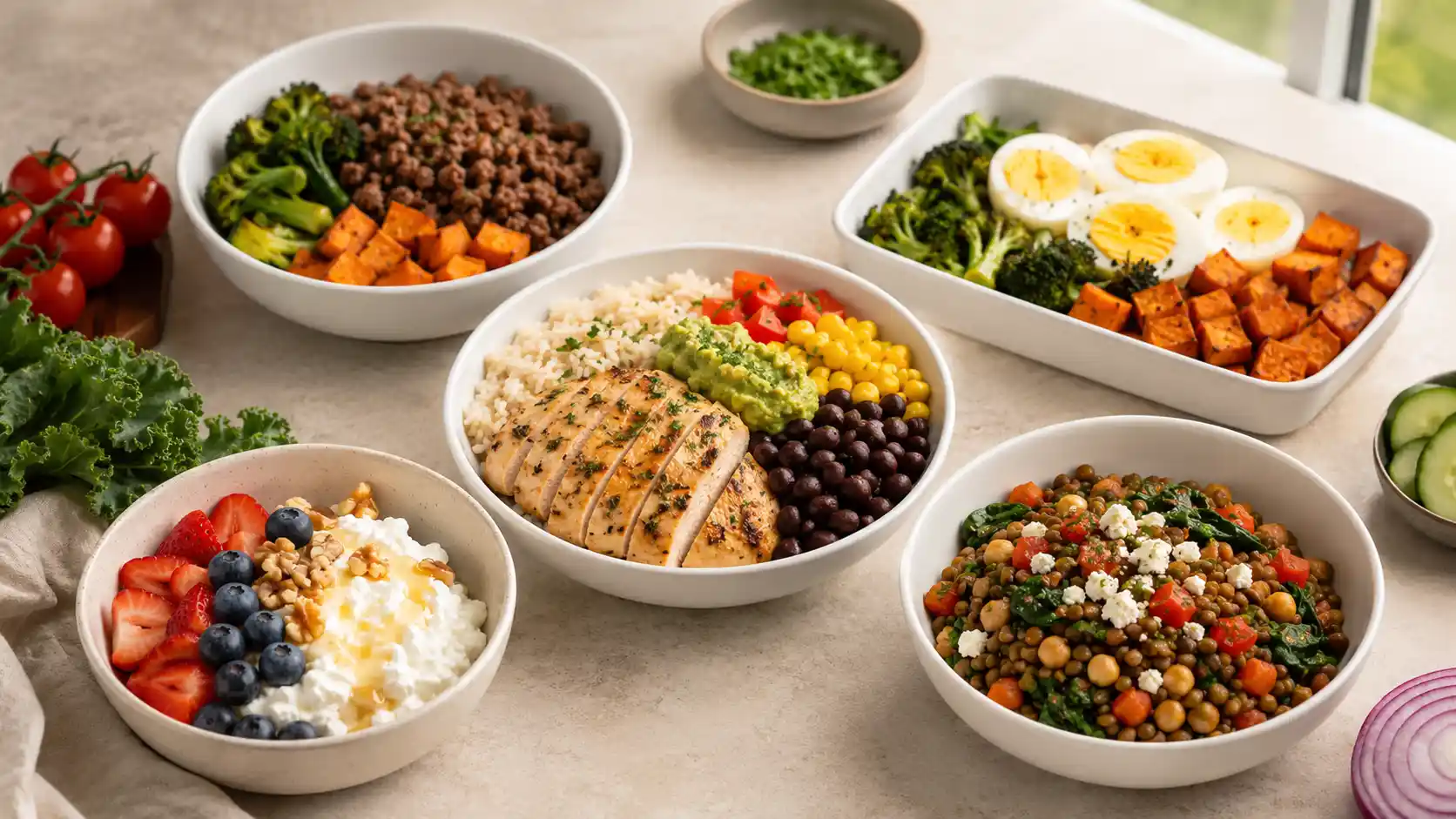High protein recipe index with chicken, eggs, cottage cheese, beans, lentils, and meal prep bowls