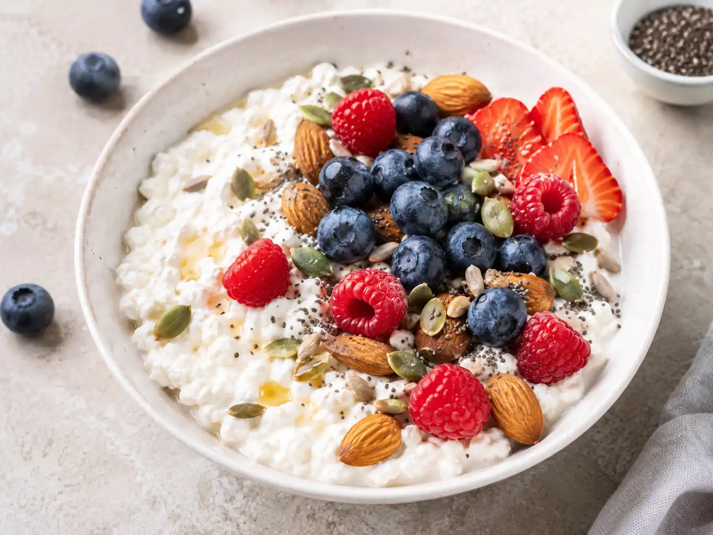 High protein snack bowl with cottage cheese, berries, almonds, and seeds