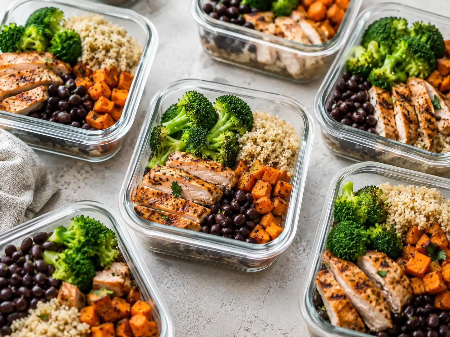 High protein meal prep containers with chicken, rice, broccoli, and vegetables