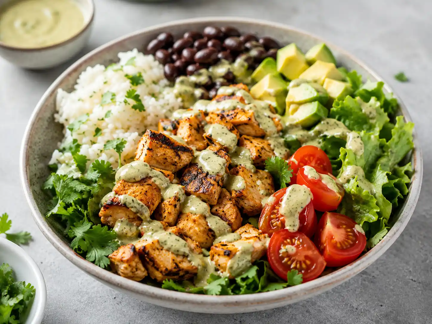 Protein bowl with chicken, rice, black beans, avocado, and salsa