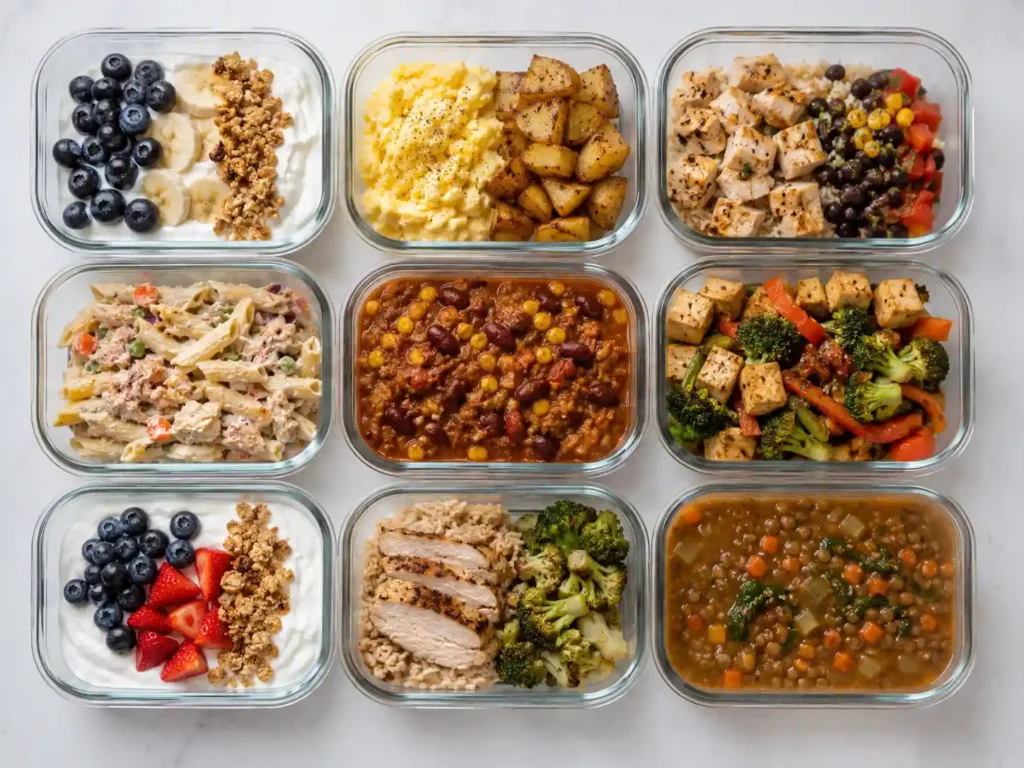 Three day cheap high protein meal prep plan with breakfast, lunch, and dinner containers.