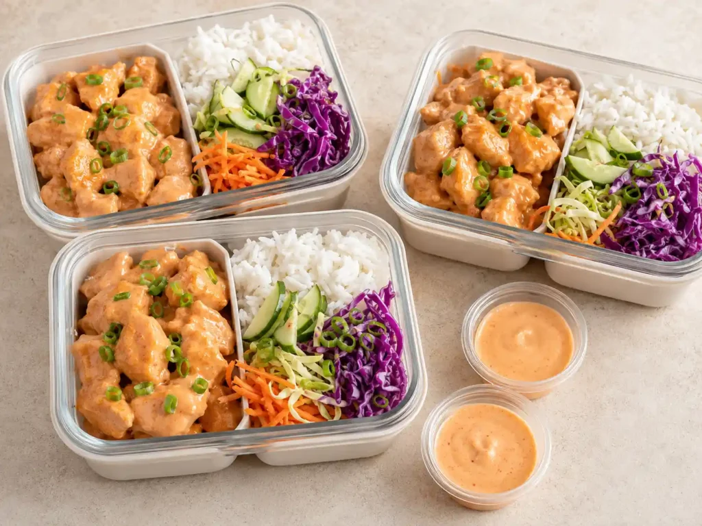 Bang bang chicken rice bowl meal prep containers with chicken, rice, vegetables, and creamy sweet spicy sauce