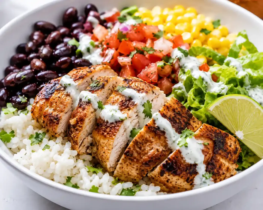 Close-up of a high protein chicken rice bowl with beans, corn, salsa, Greek yogurt drizzle, lettuce, and lime.