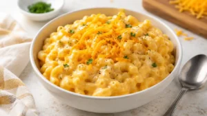 Creamy cottage cheese mac and cheese with short pasta, cheddar sauce, black pepper, and parsley in a white bowl.