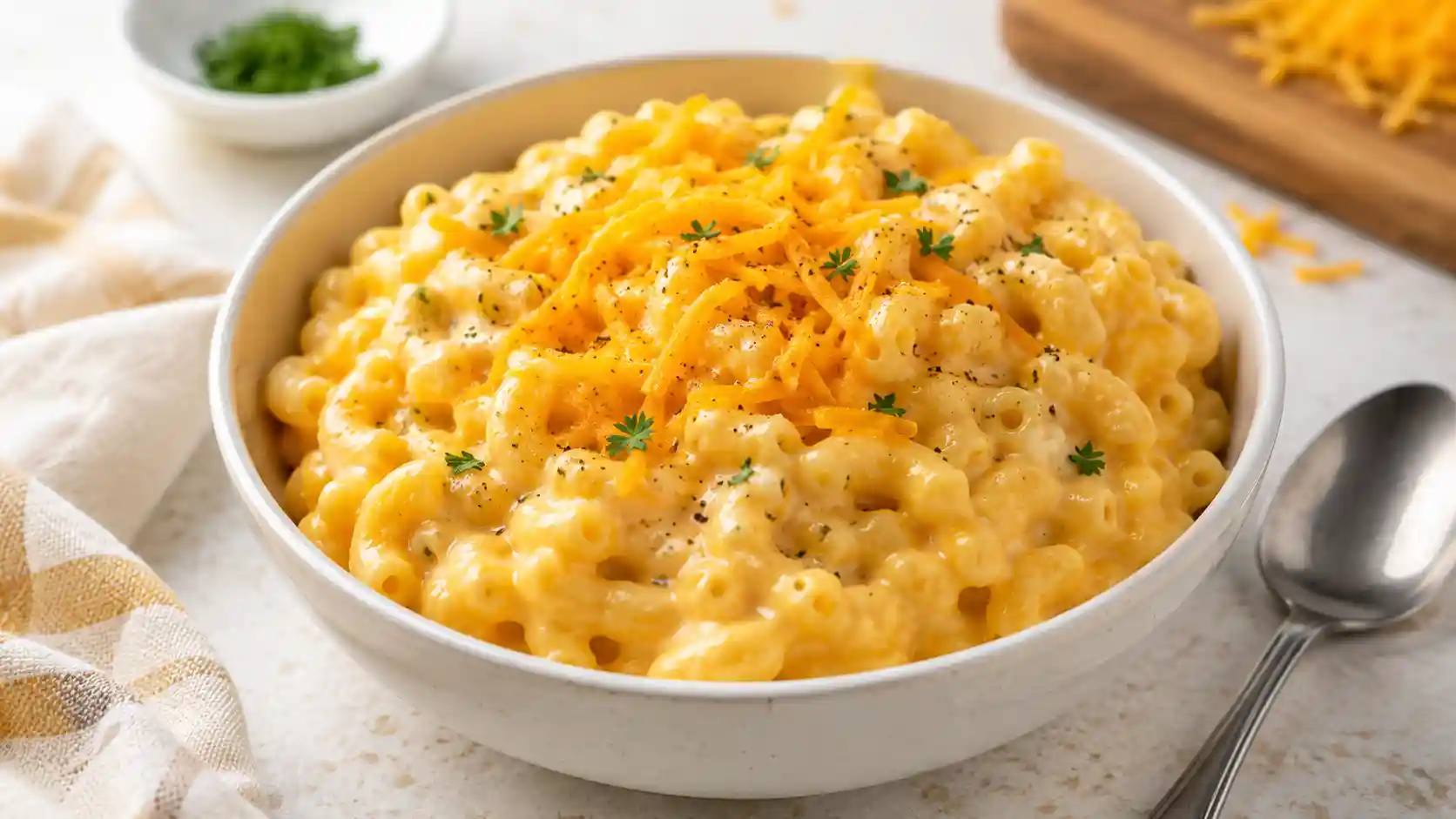 Creamy cottage cheese mac and cheese with short pasta, cheddar sauce, black pepper, and parsley in a white bowl.