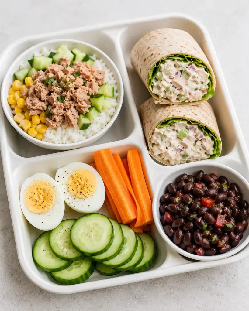 Budget high protein lunch tray with tuna rice bowl, chicken salad wrap, boiled eggs, vegetables, and beans.