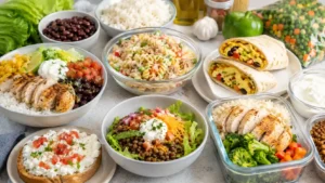 Easy high protein recipes with chicken rice bowl, tuna pasta salad, egg burrito, lentils, Greek yogurt, and cottage cheese toast.