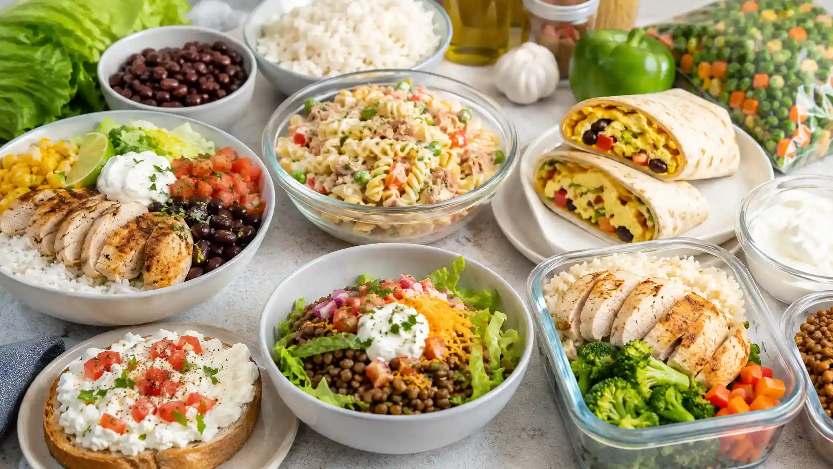 Easy high protein recipes with chicken rice bowl, tuna pasta salad, egg burrito, lentils, Greek yogurt, and cottage cheese toast.