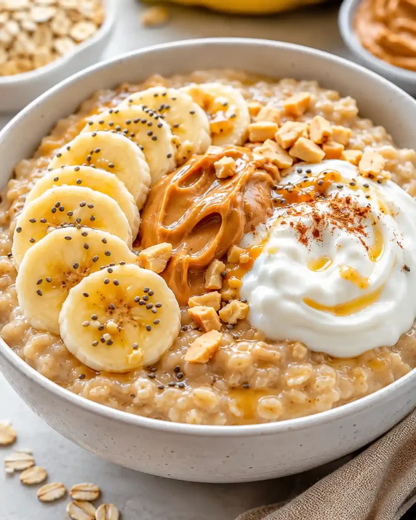 Close-up of creamy peanut butter protein oats with Greek yogurt and banana slices.