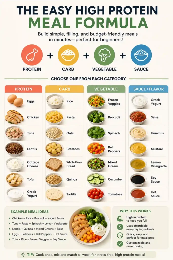 High protein meal formula showing one protein, one carb, one vegetable, and one sauce.