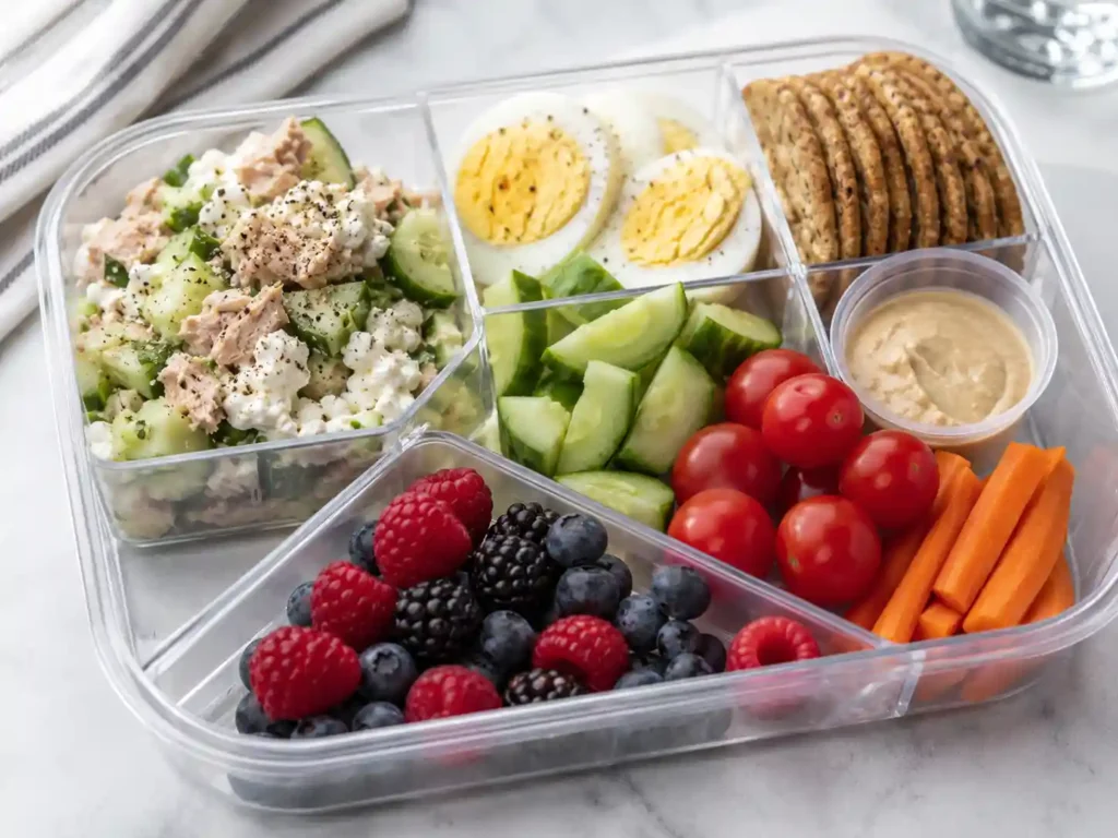 Adult Lunchable meal prep tools with divided containers, sauce cups, ice pack, crackers, vegetables, and protein lunch ingredients