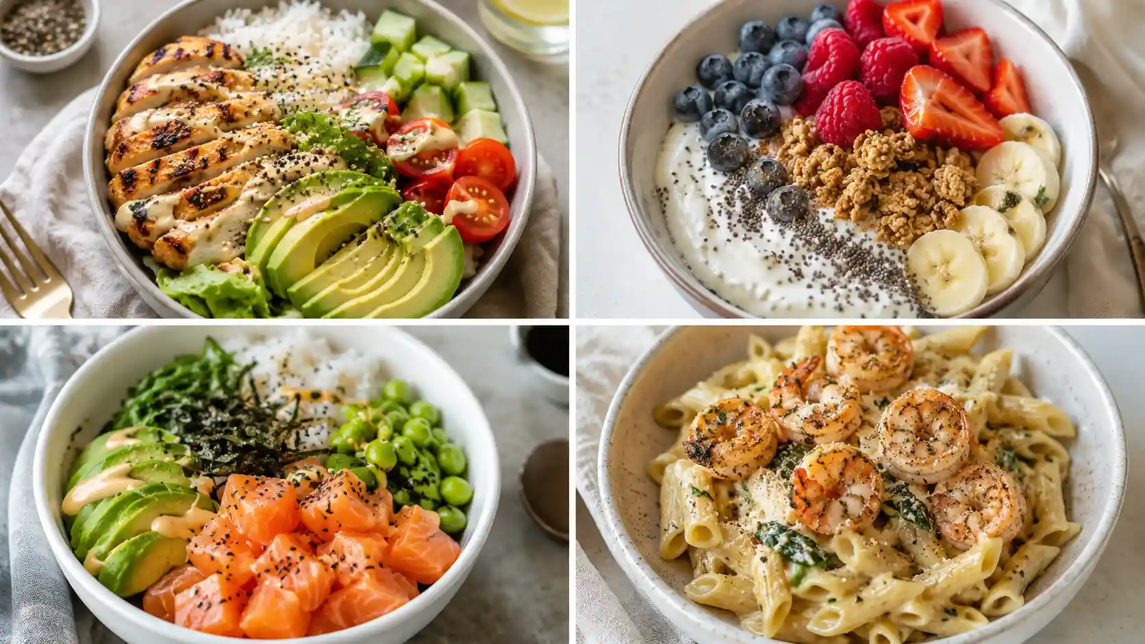Aesthetic high protein meals with chicken bowl, Greek yogurt bowl, salmon bowl, and shrimp pasta
