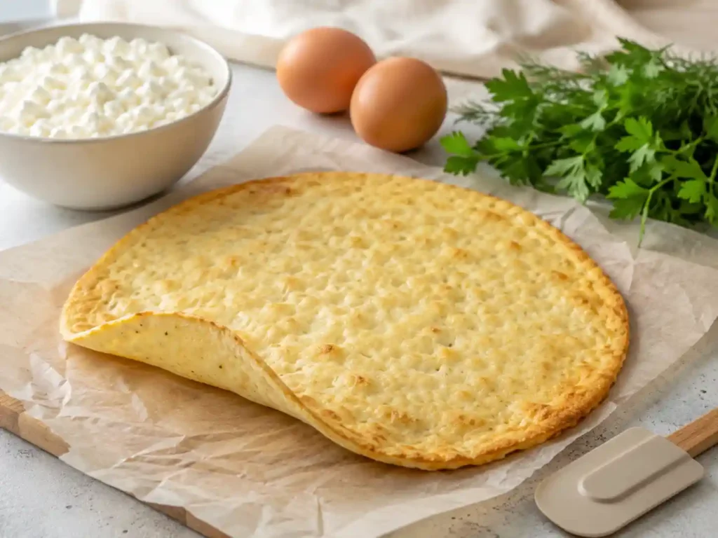 Baked cottage cheese wrap base on parchment paper ready to be filled.