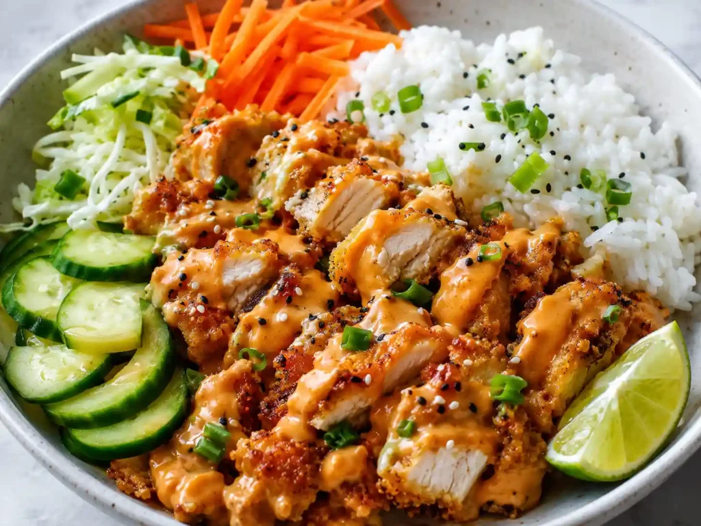 Close-up of bang bang chicken rice bowl with saucy chicken, rice, cucumber, cabbage, carrots, and green onion.
