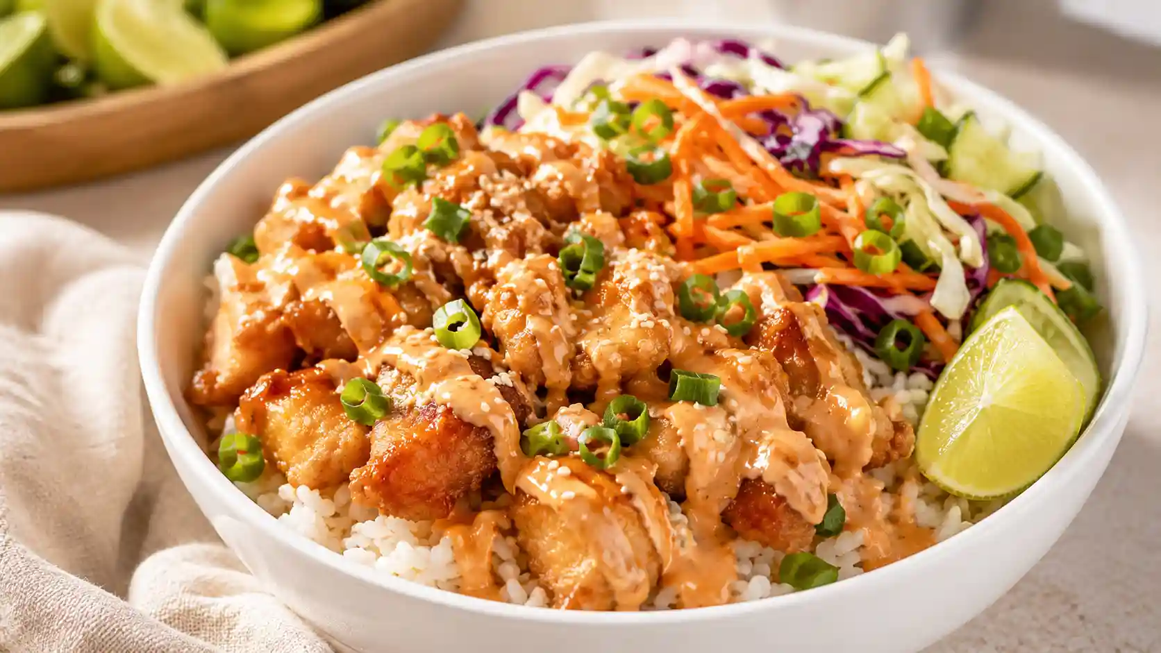 Bang bang chicken rice bowl with rice, chicken, crunchy vegetables, and creamy sauce.