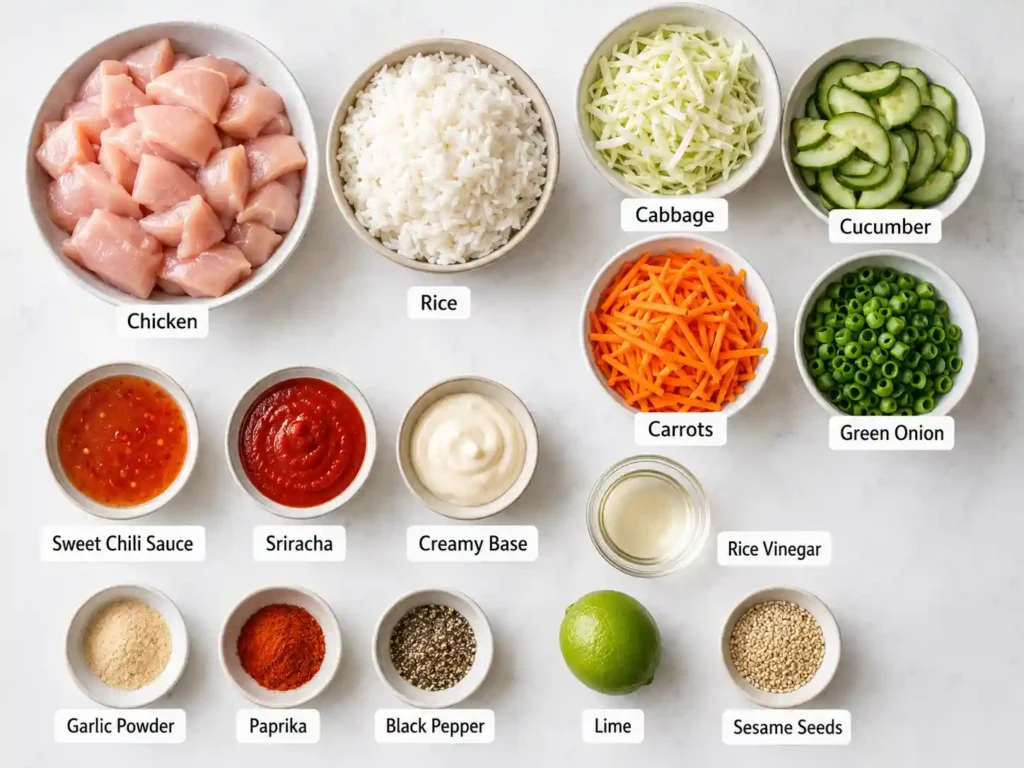Labeled ingredients for bang bang chicken rice bowls including chicken, rice, vegetables, sauce ingredients, and spices.