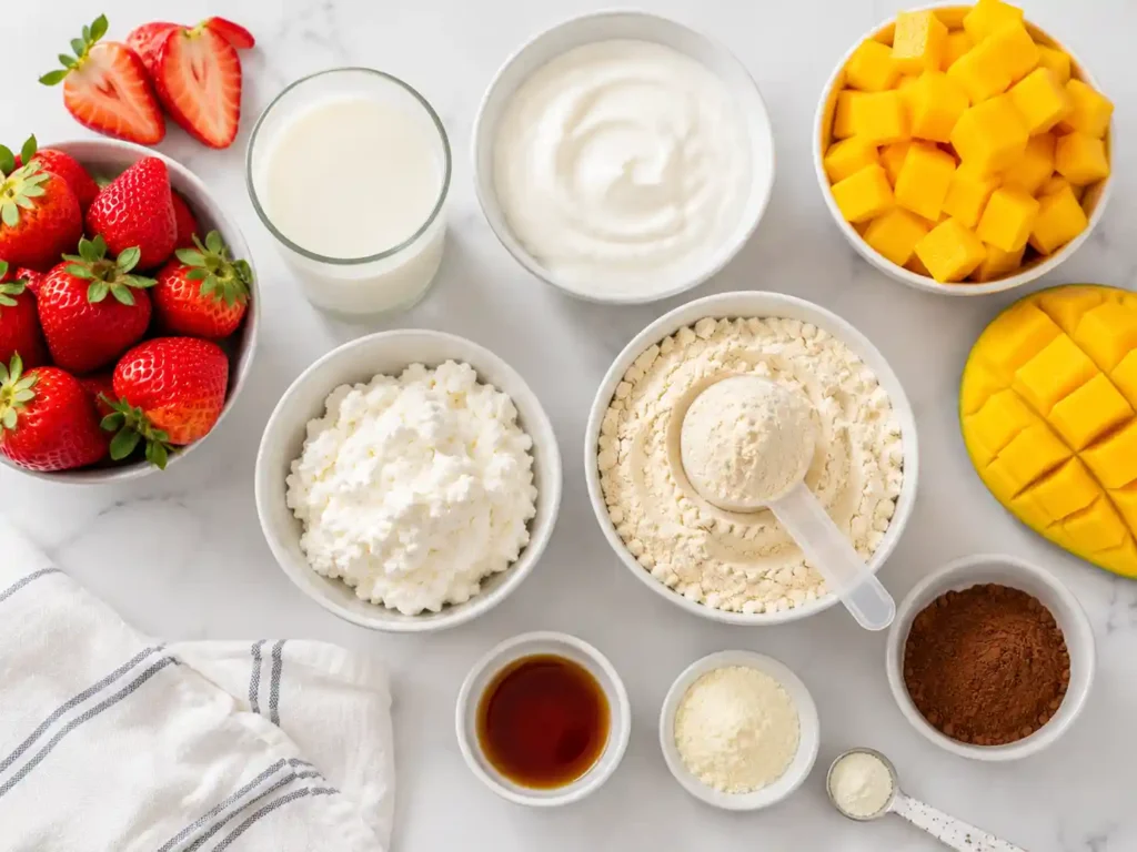 Ingredients for a high protein Ninja Creami base with milk, protein powder, Greek yogurt, fruit, and vanilla