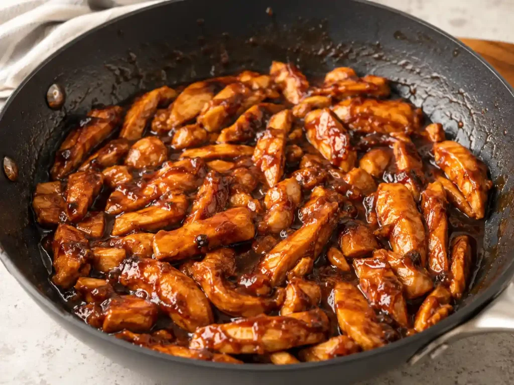 Sliced chicken coated in BBQ sauce cooking in a skillet for BBQ chicken rice bowls.