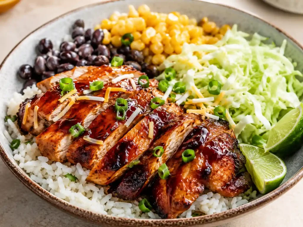 Close-up of BBQ chicken, rice, black beans, corn, cabbage, green onions, and lime in a rice bowl.