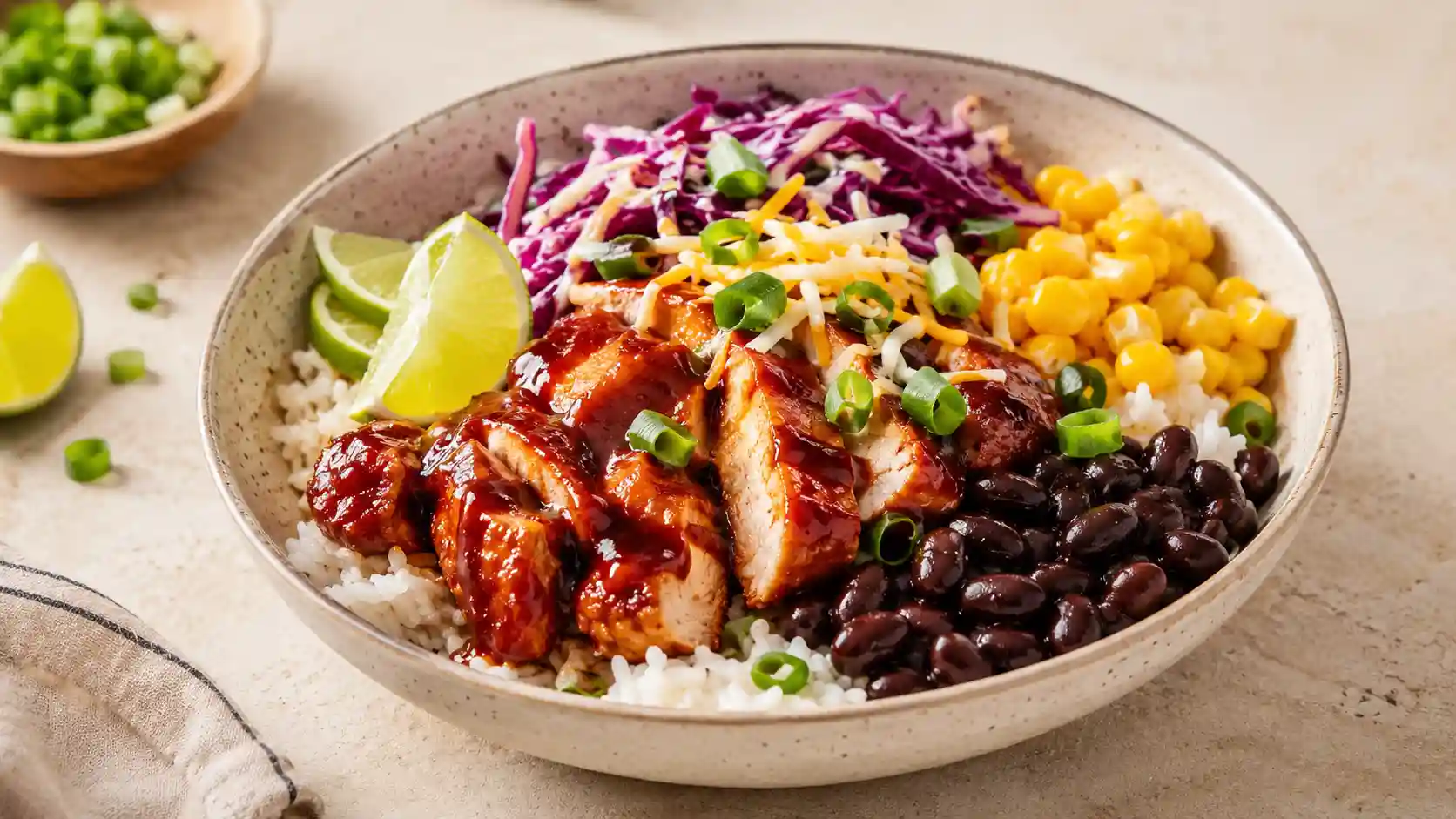 BBQ chicken rice bowl with rice, BBQ chicken, black beans, corn, cabbage, green onions, lime, and cheese.