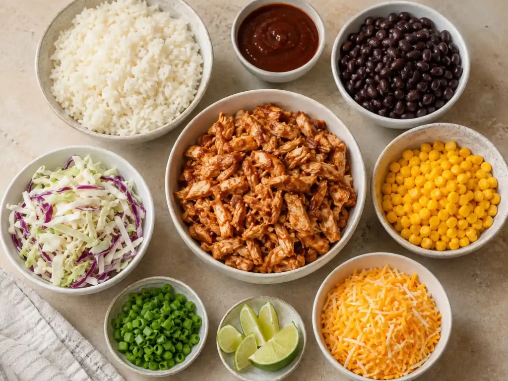 Ingredients for BBQ chicken rice bowls including rice, chicken, BBQ sauce, black beans, corn, cabbage, green onions, lime, and cheese.