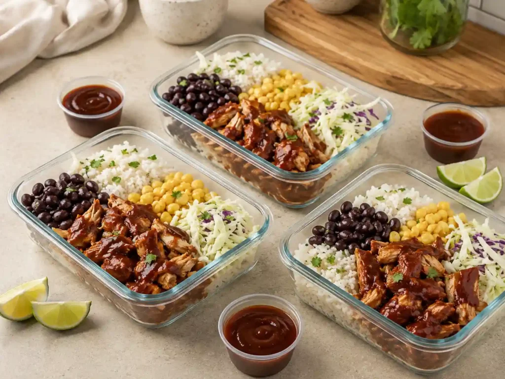 Meal prep containers filled with rice, BBQ chicken, black beans, corn, and cabbage for BBQ chicken rice bowls.