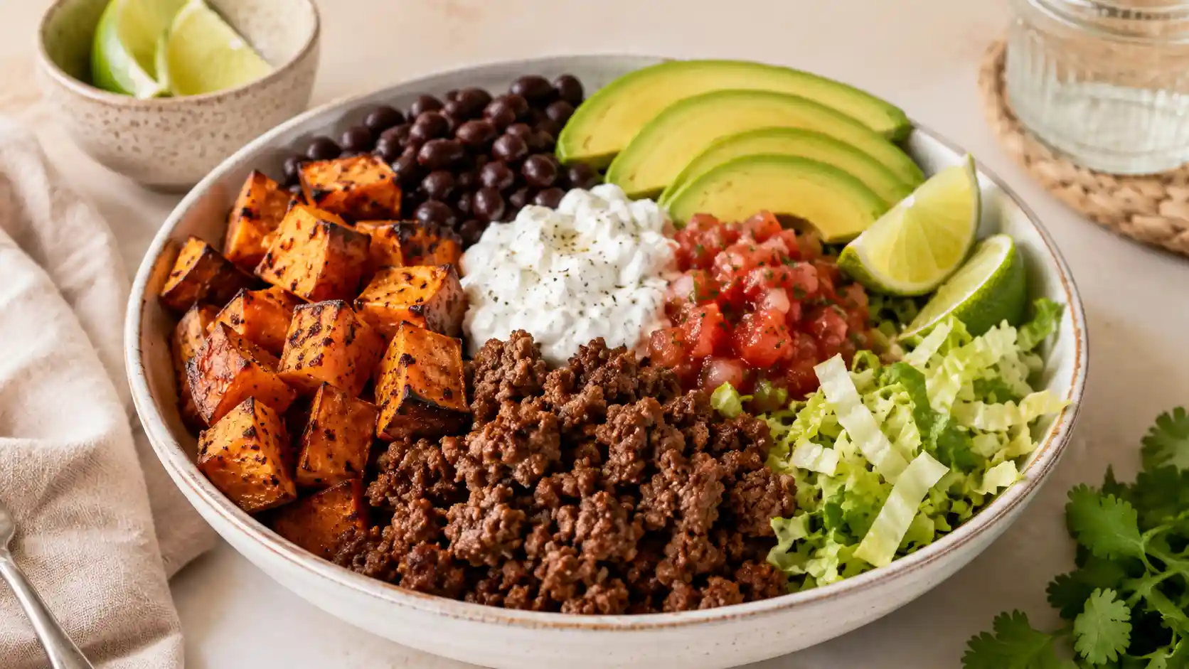 Beef and sweet potato bowl with roasted sweet potatoes, seasoned ground beef, black beans, avocado, salsa, cabbage, lime, and creamy sauce.