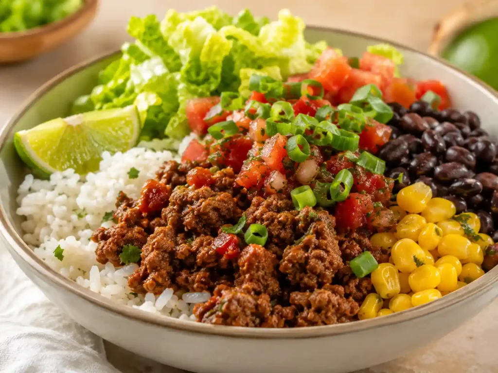 Close-up of a beef burrito bowl with saucy seasoned ground beef, fluffy rice, black beans, corn, salsa, lettuce, green onions, and lime.