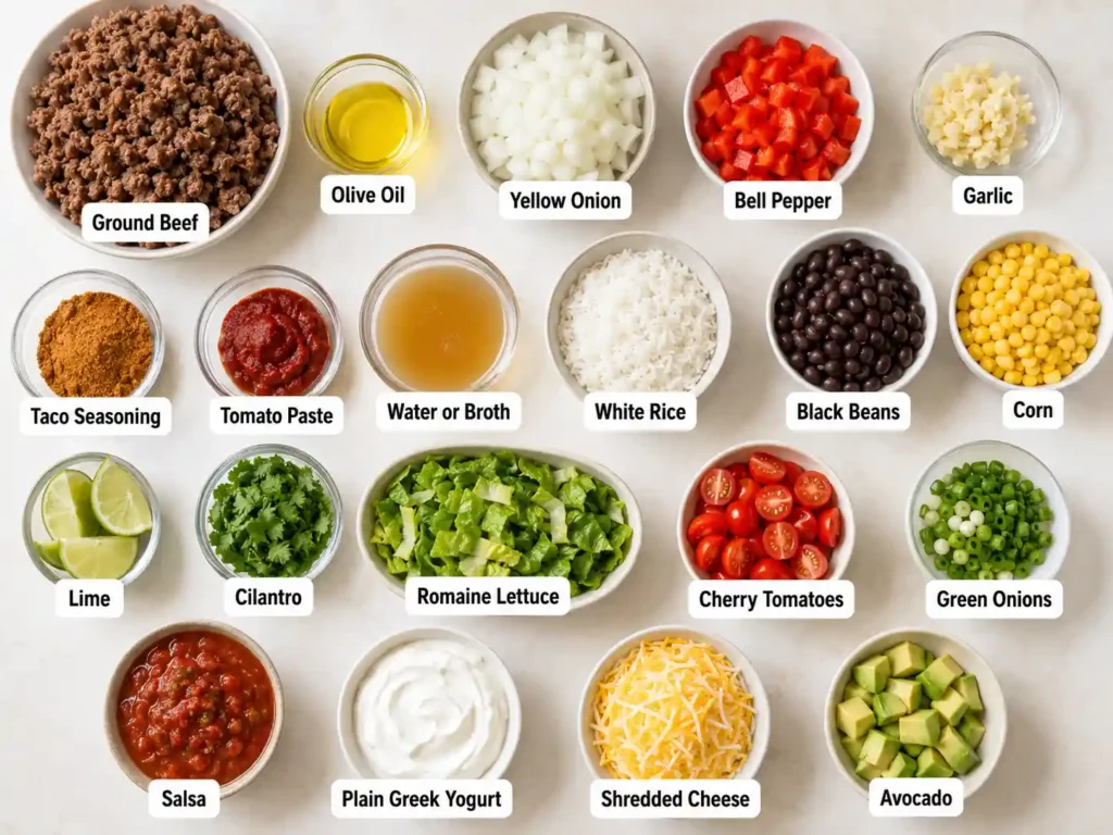 Labeled ingredients for beef burrito bowl meal prep including ground beef, rice, black beans, corn, salsa, lettuce, tomato, lime, and toppings.