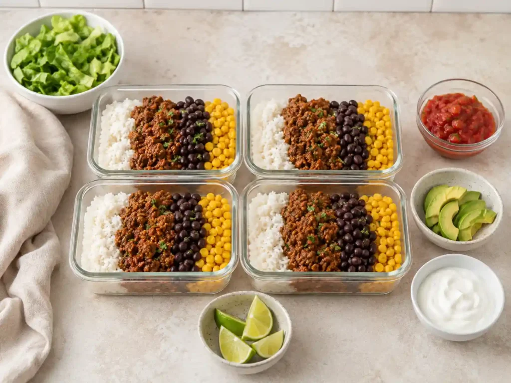 Beef burrito bowl meal prep containers being assembled with rice, seasoned ground beef, black beans, corn, and separate fresh toppings.
