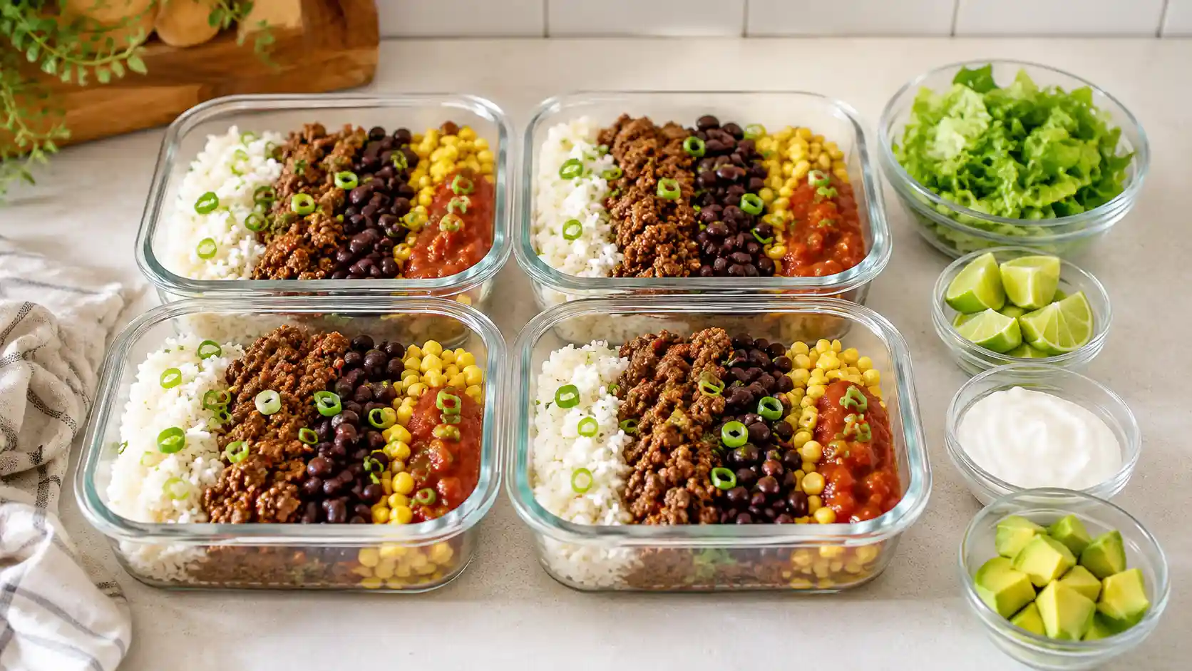 Four beef burrito bowl meal prep containers with seasoned ground beef, rice, black beans, corn, salsa, lettuce, lime, and fresh toppings.