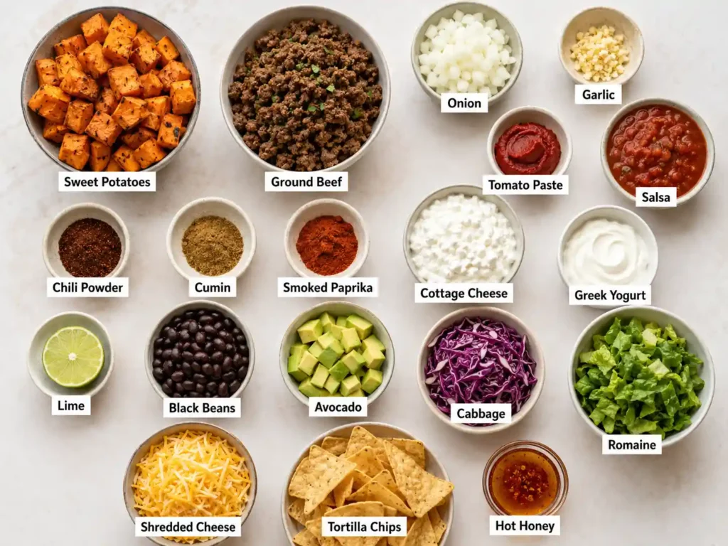 Labeled ingredients for a beef and sweet potato bowl including sweet potatoes, ground beef, onion, garlic, tomato paste, salsa, spices, cottage cheese, Greek yogurt, lime, black beans, avocado, cabbage, romaine, cheese, tortilla chips, and hot honey.