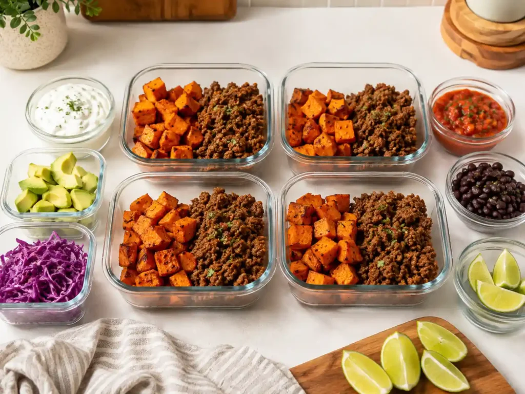 Beef and sweet potato bowl meal prep containers with roasted sweet potatoes, seasoned ground beef, and separate toppings like sauce, avocado, cabbage, salsa, and lime.