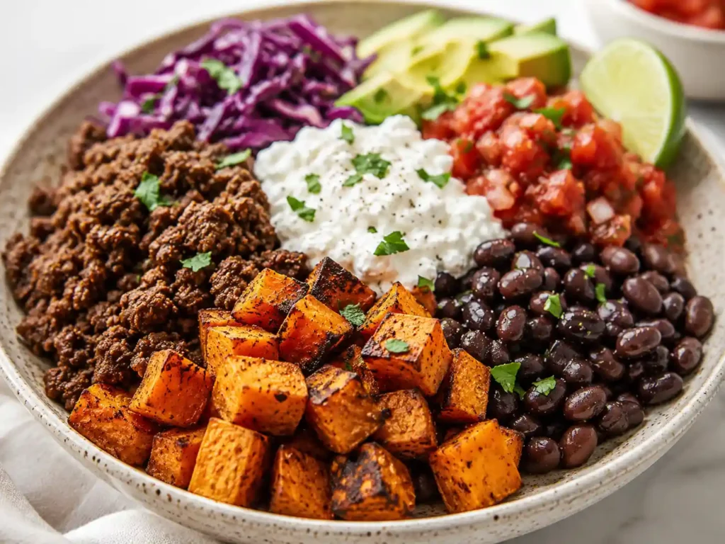 Close-up of a beef and sweet potato bowl with roasted sweet potatoes, seasoned ground beef, avocado, salsa, black beans, cabbage, lime, and creamy sauce.