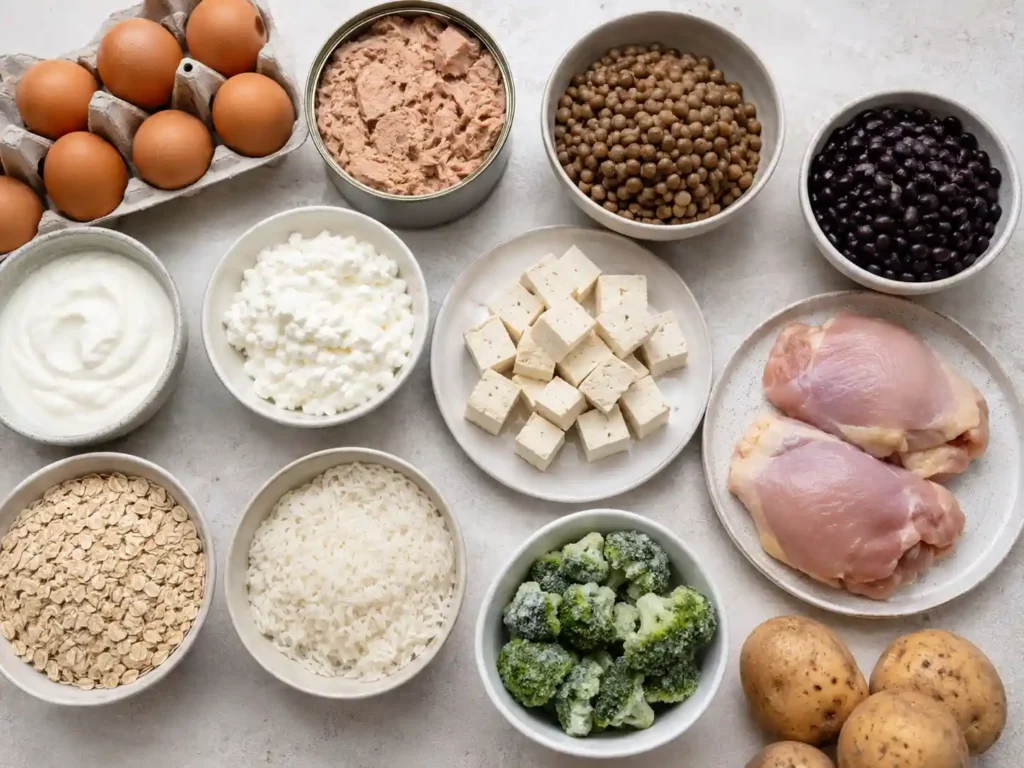 Affordable high protein foods including eggs, tuna, lentils, tofu, beans, Greek yogurt, and chicken.
