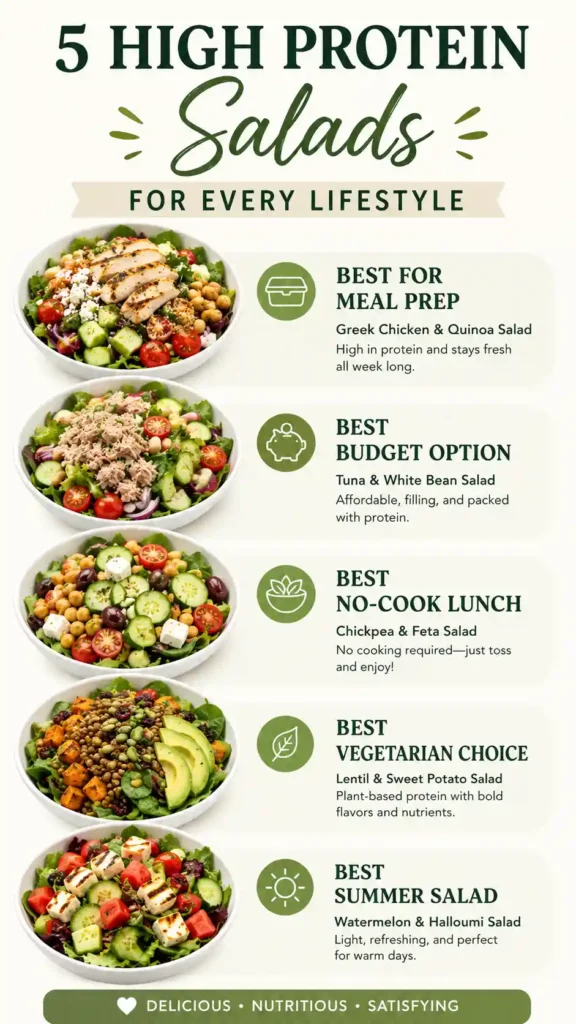 Infographic showing best protein salads for meal prep, budget lunches, vegetarian meals, summer lunches, and high protein meals