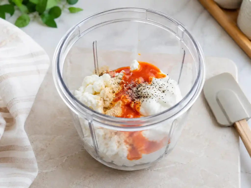 Cottage cheese, buffalo sauce, Greek yogurt, garlic powder, onion powder, and black pepper blended into a smooth sauce.