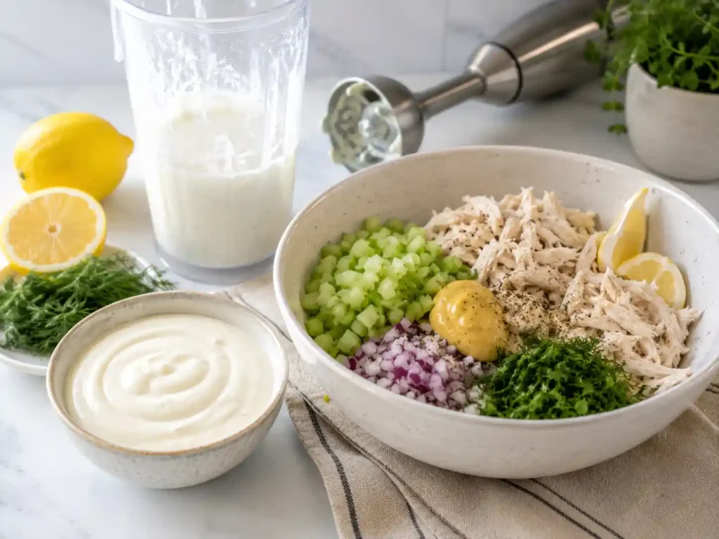 Smooth blended cottage cheese dressing beside shredded chicken, celery, and onion for cottage cheese chicken salad.