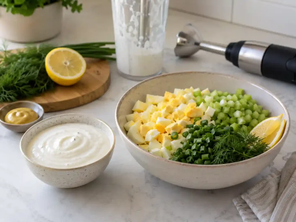 Smooth blended cottage cheese dressing beside chopped hard-boiled eggs, celery, scallions, lemon, Dijon, and herbs.