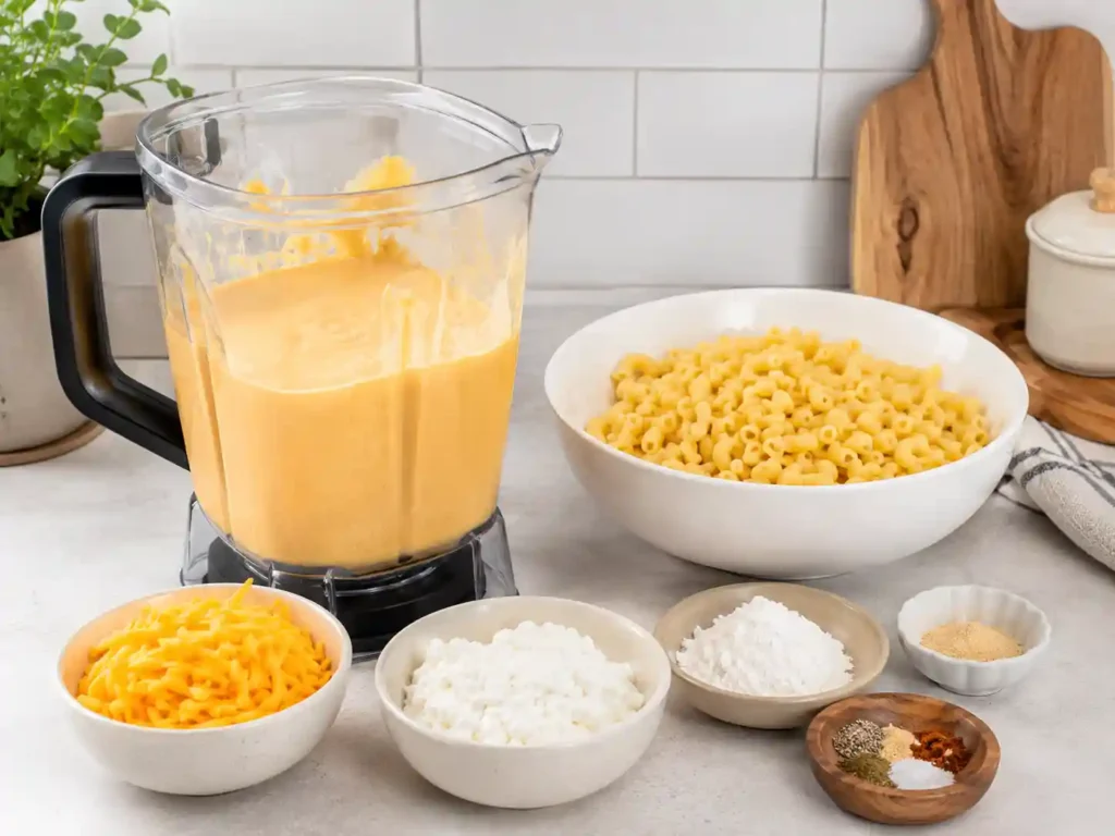 Smooth cottage cheese cheddar sauce in a blender with pasta and shredded cheddar nearby.