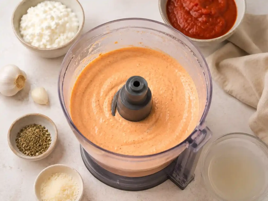 Smooth blended cottage cheese and marinara sauce in a blender for high protein ground turkey pasta